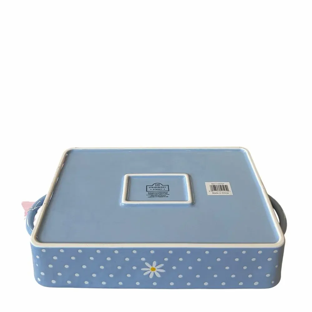 10 Strawberry Street Daisy Rectangular Baker 12x8 Blue Polka Dot NEW